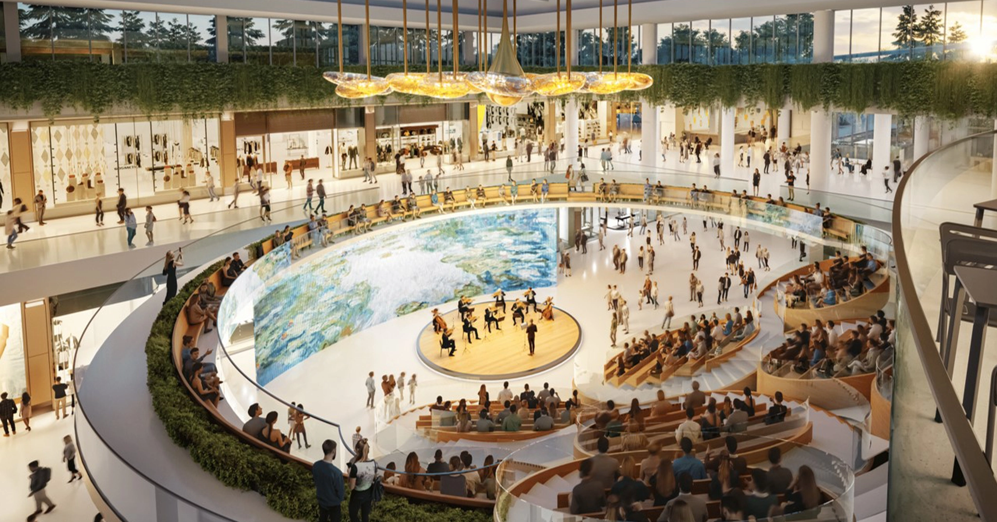 A spacious indoor venue with people and a circular seating area.