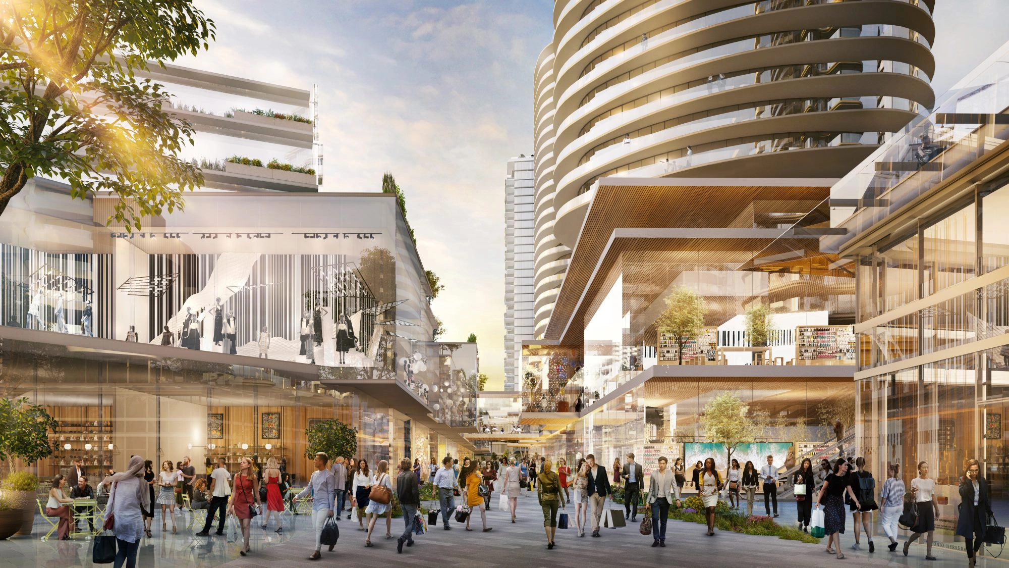 A lively street scene with modern architecture and people.