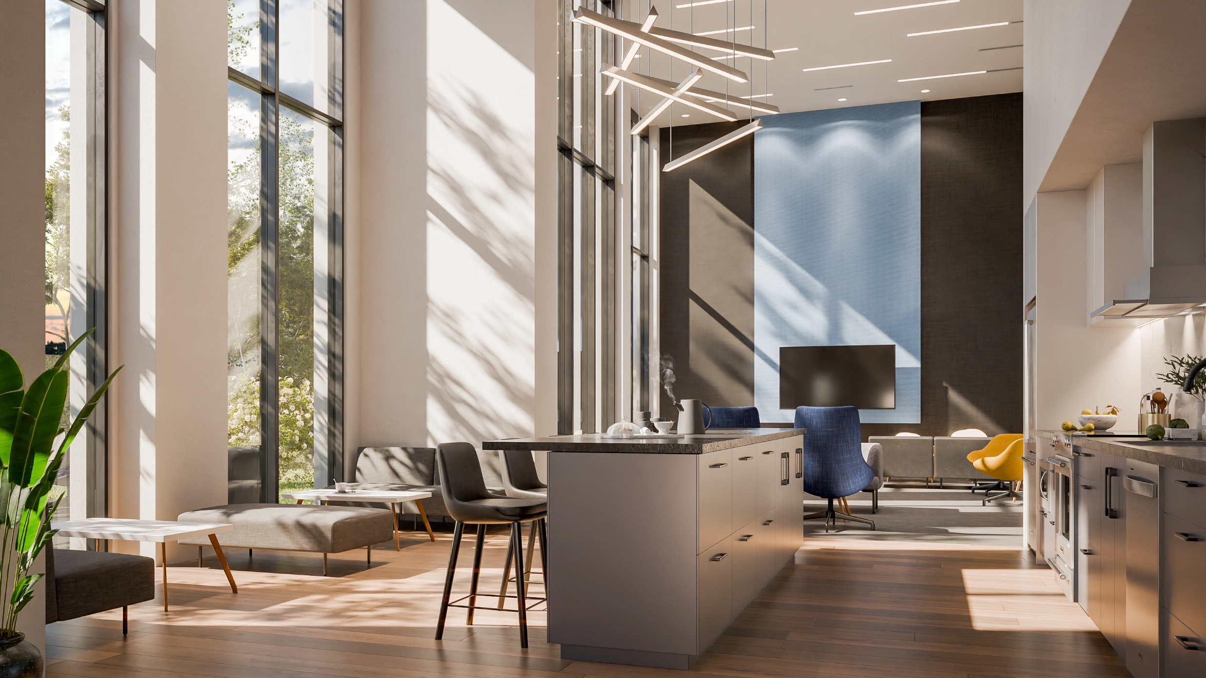 An elegant interior space with high ceilings and seating areas.