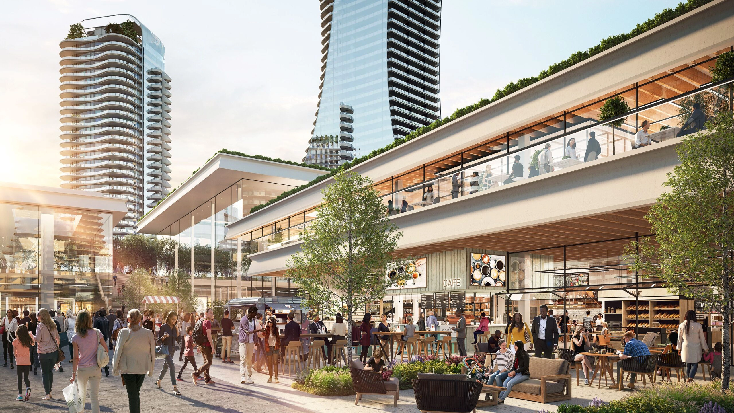 A lively street scene with modern architecture and people.