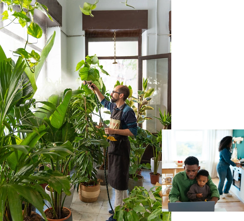 "1. ""Person tending to plants in a bright room filled with greenery; small inset of a family enjoying time together at home."" 2. ""Person in an apron caring for indoor plants by a large window; inset image of a couple with a child in a cozy corner."""