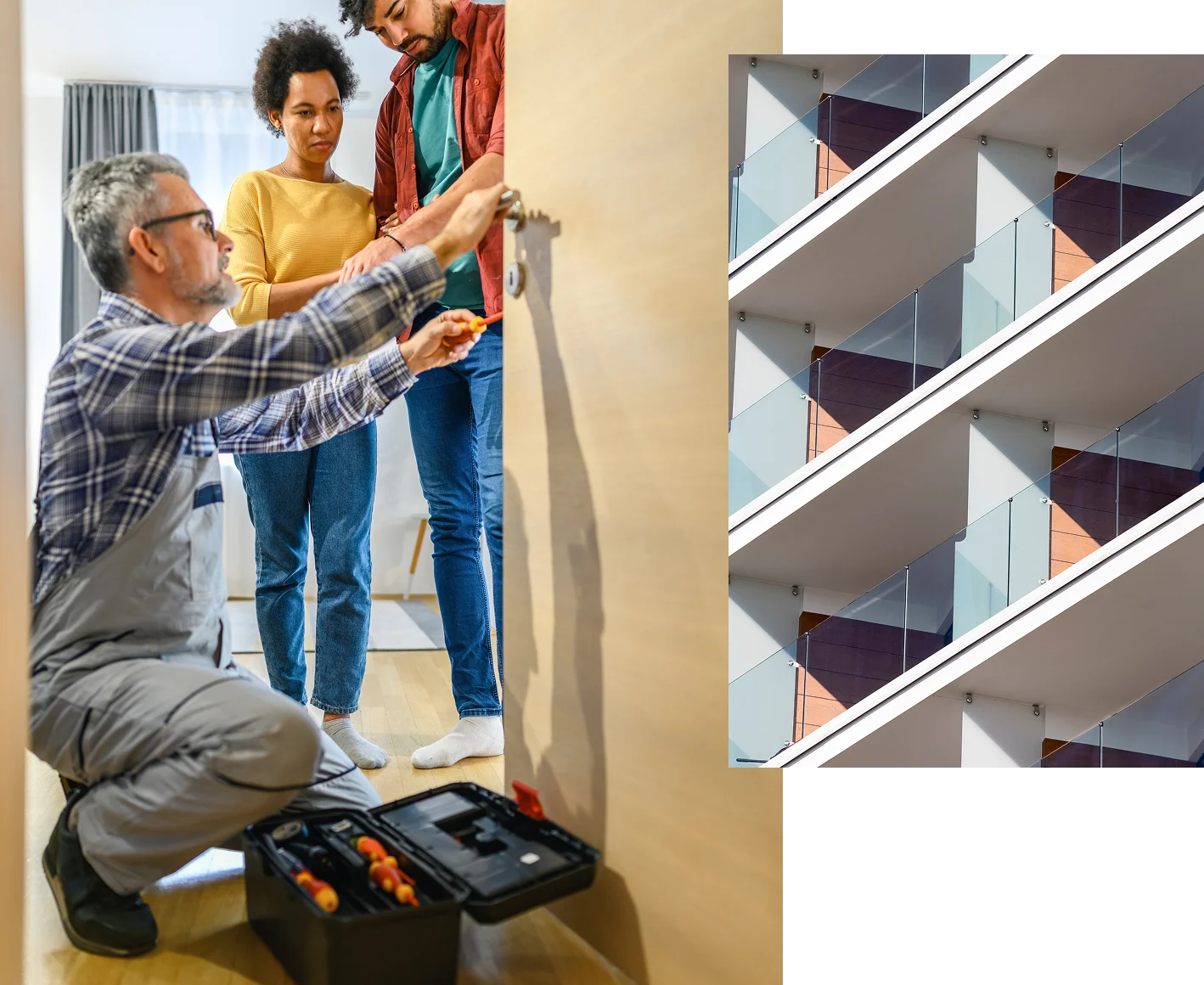 A handyman fixes a door for two residents.