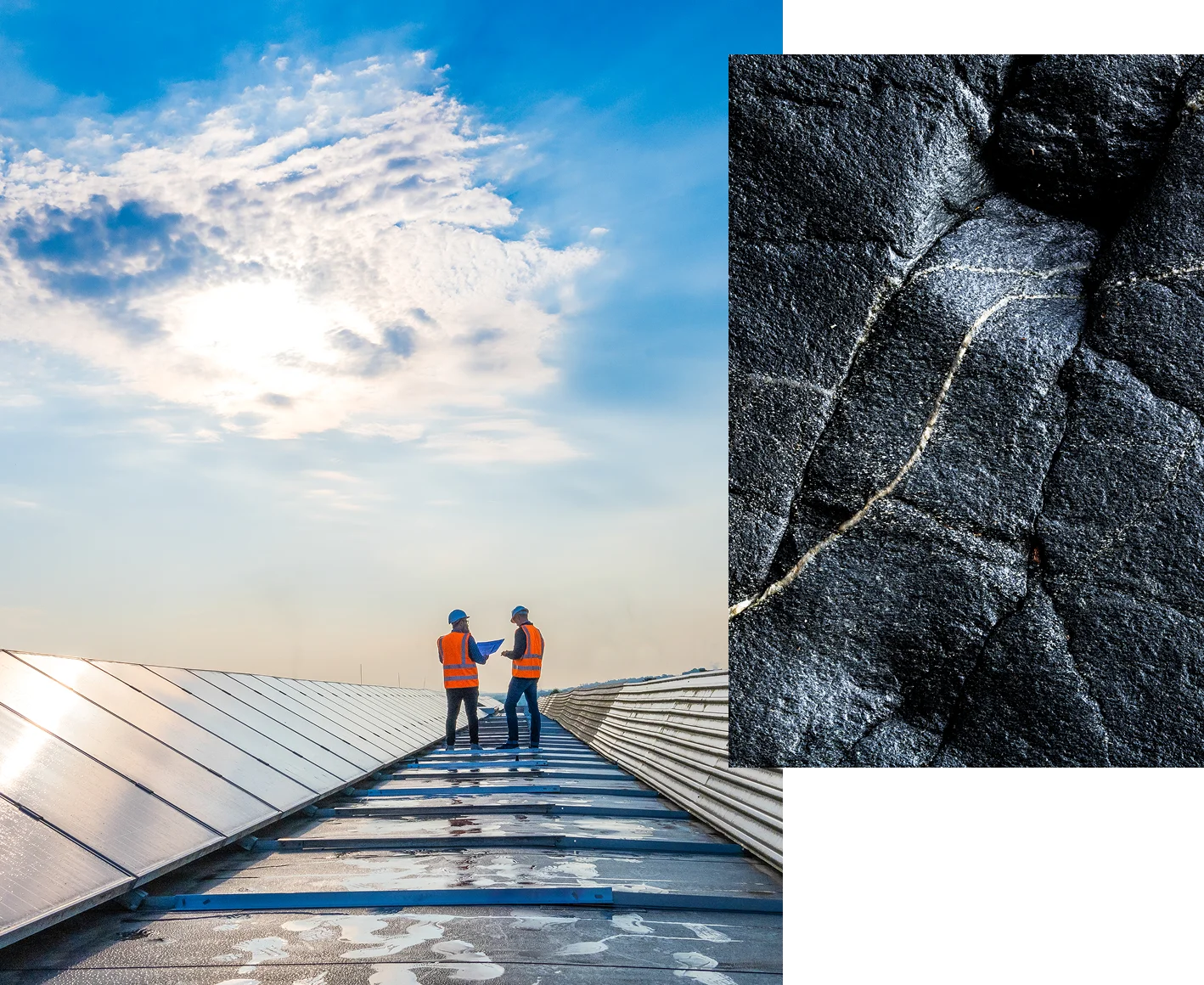 Two workers wearing safety gear are inspecting solar panels on a rooftop under a bright, partly cloudy sky.