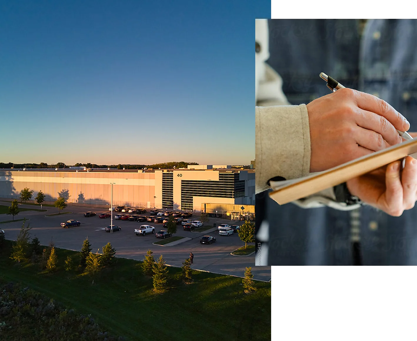 1. An aerial view of a industrial park at dawn. 2. A close-up of a person wirting on a pad of paper with a pen.