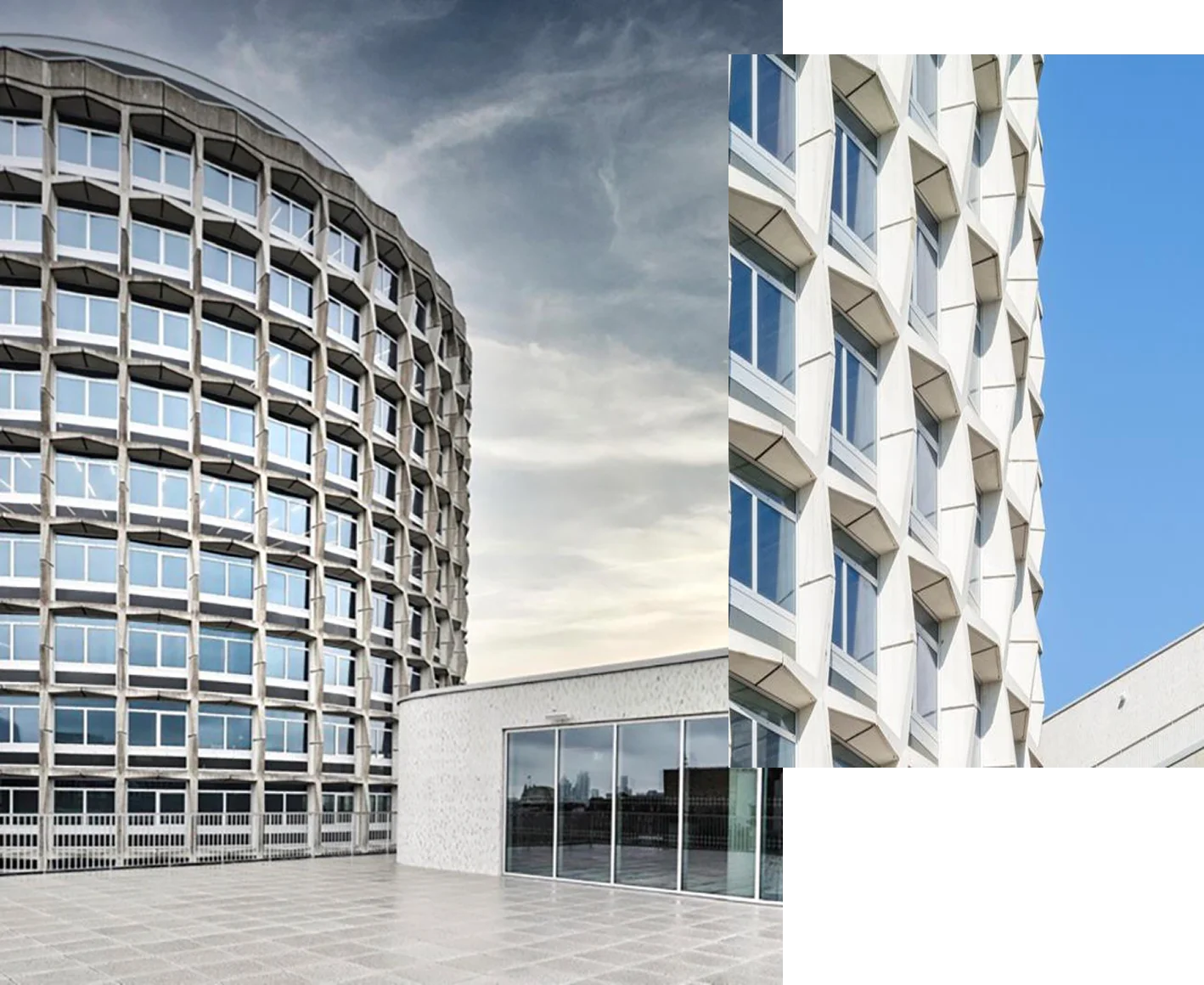 A modern, circular building with a grid-like glass facade set against a cloudy sky. The structure's design is sleek and contemporary, with an expansive open area in the foreground.