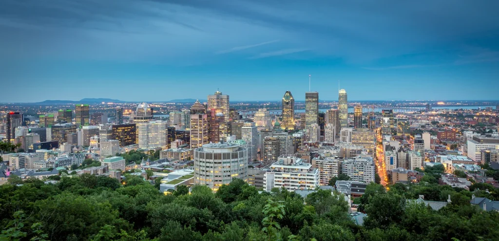 A panoramic view of a city skyline at dusk, with buildings illuminated and surrounded by lush greenery in the foreground. The sky is a deep blue, creating a serene atmosphere.