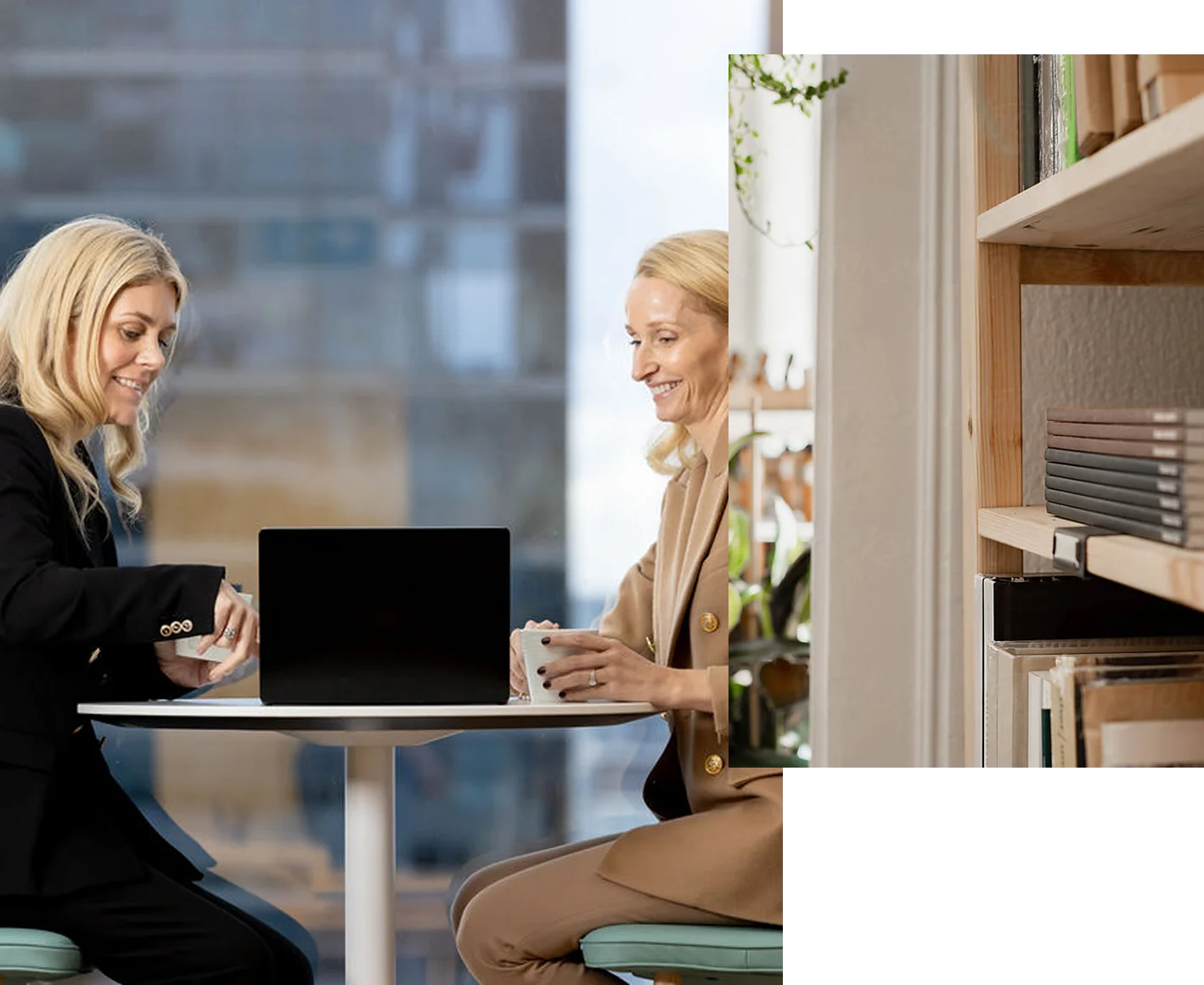 1. Two people reviewing a laptop on desk in a office. 2.A view of books on a shelf in an office setting.