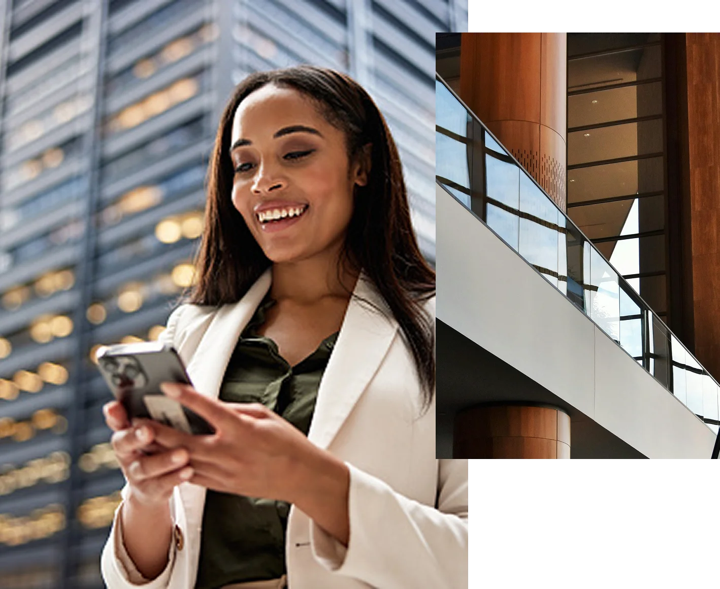 1. A person smiles while looking at their smartphone with a office tower in the background. 2. An abstract image of a modern mezzanine level of a building.
