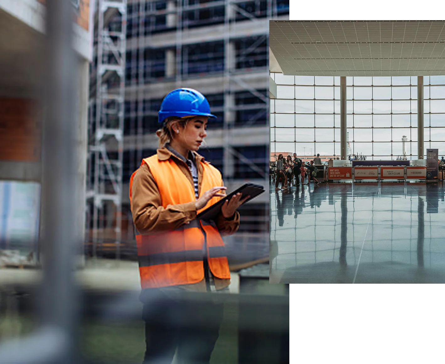 "1. A worker with a safety vest scroll through a tablet at a construction site. 2. A wide view of people walking through a tall glass walled space."