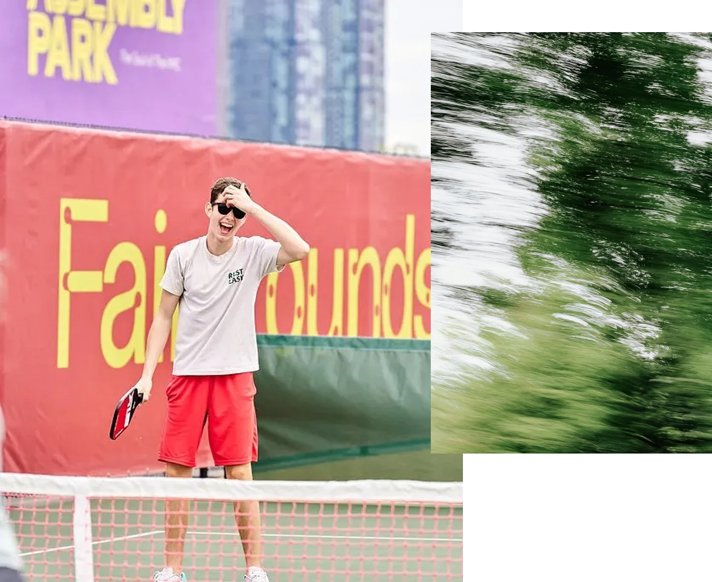 A person standing on a tennis court, holding a racket and touching their head, wearing sunglasses and a casual outfit. The background features a colorful banner.