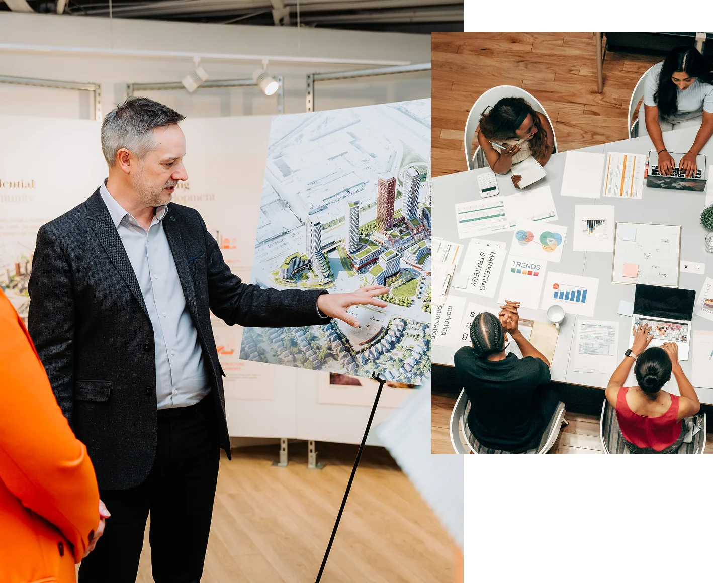 1. A person in a suit is presenting a detailed architectural map or plan on an easel. 2. A group of people is collaborating around a table covered with documents and diagrams.
