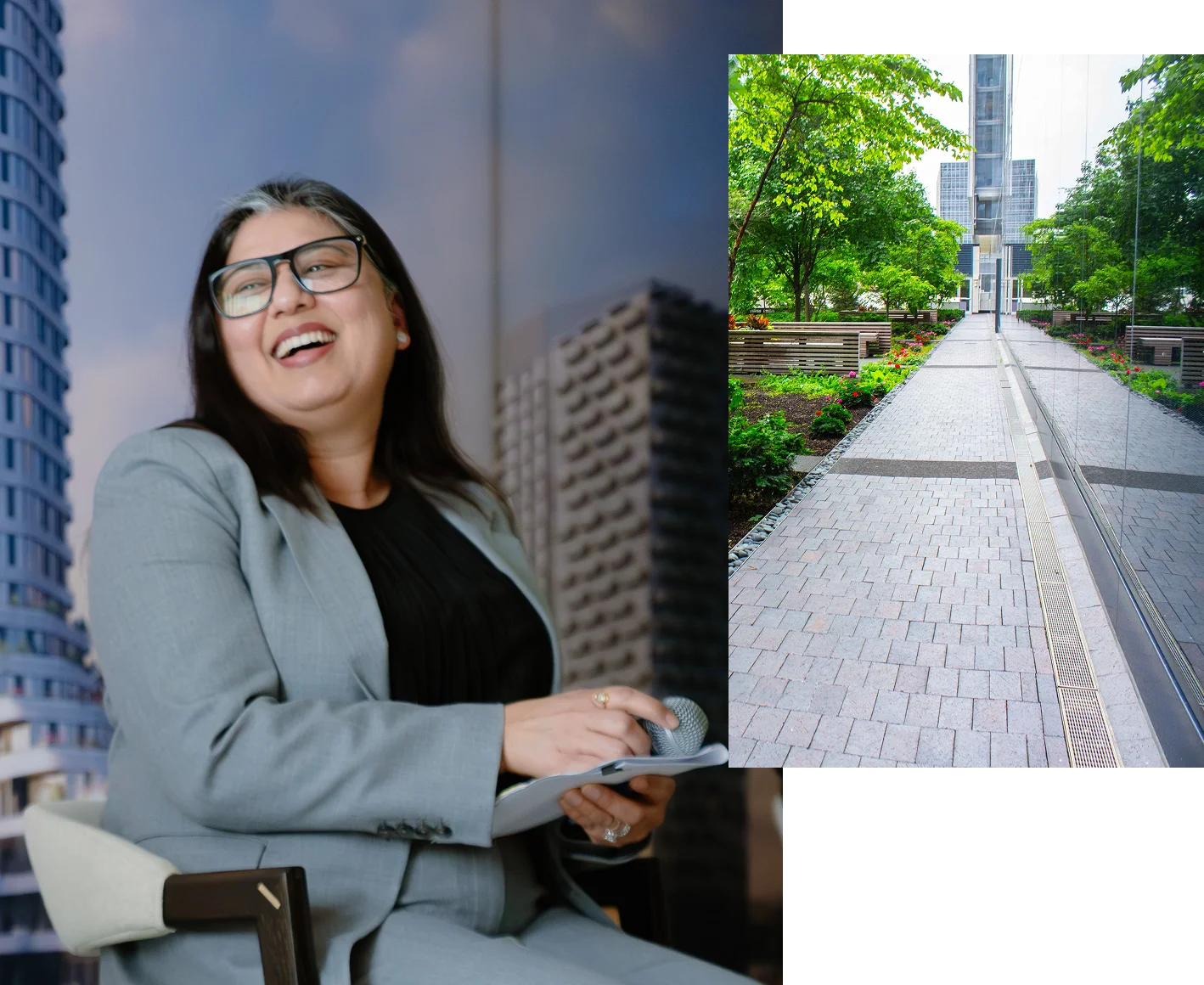 1. A business person laughing and holding a microphone and papers while seated. 2. A paved walkway next to a leafy green park.