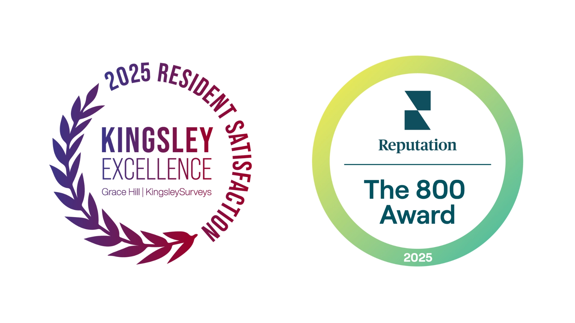Two badges: one indicating "Kingsley Excellence" for resident satisfaction, and the other is "The 800 Award" from Requation, showing recognition or achievement.
