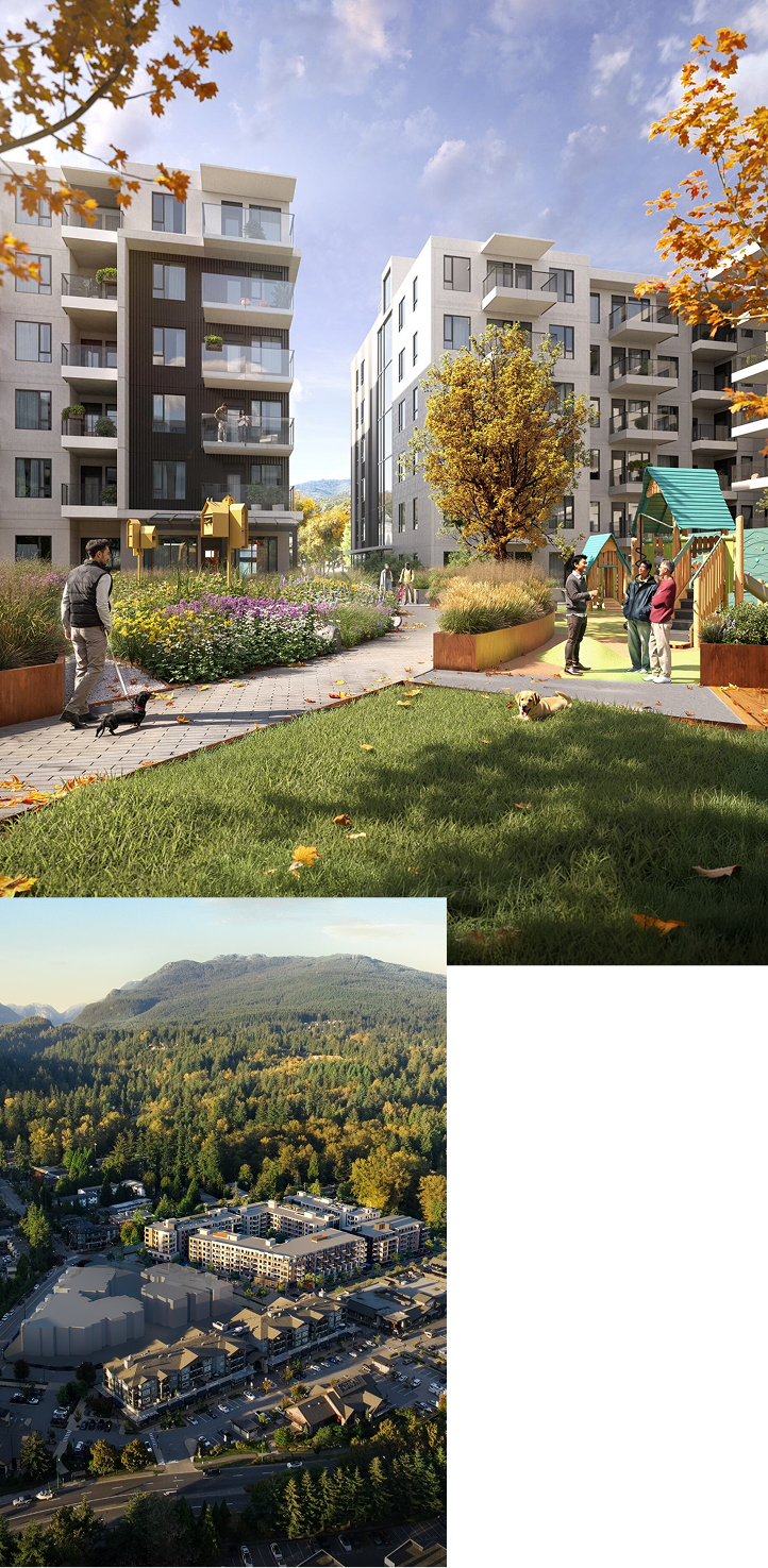 1. A rendering of a modern multi-story apartment complex. 2. An aerial view of an apartment complex tucked into a forested area.