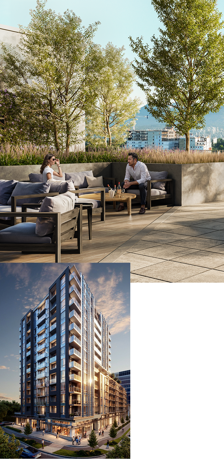 1. People lounging on a rooftop terrace on a sunny day. 2. Exterior view of a modern residential building in the evening.