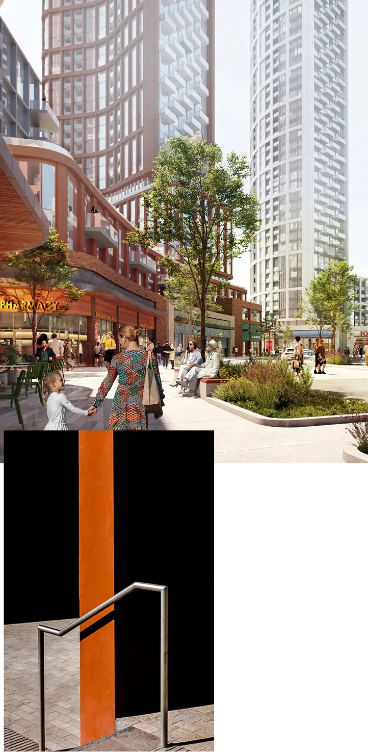 1. A lively urban scene with people walking and shopping, surrounded by tall modern buildings and greenery. The area is bustling with activity. 2. A minimalist image of a bright orange vertical beam next to a simple metal handrail against a dark background.