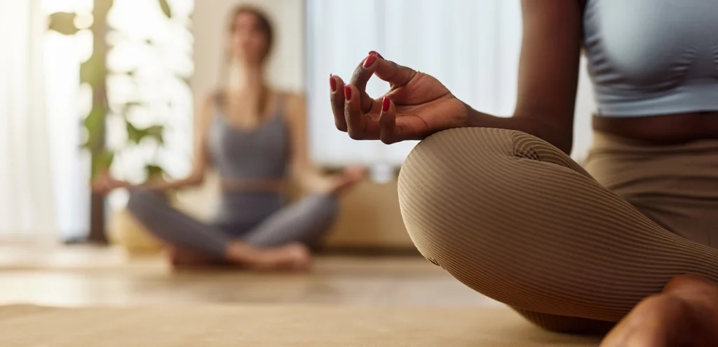 Two people practicing meditation indoors, sitting cross-legged in a peaceful setting. The focus is on one person's hand in a meditation pose.