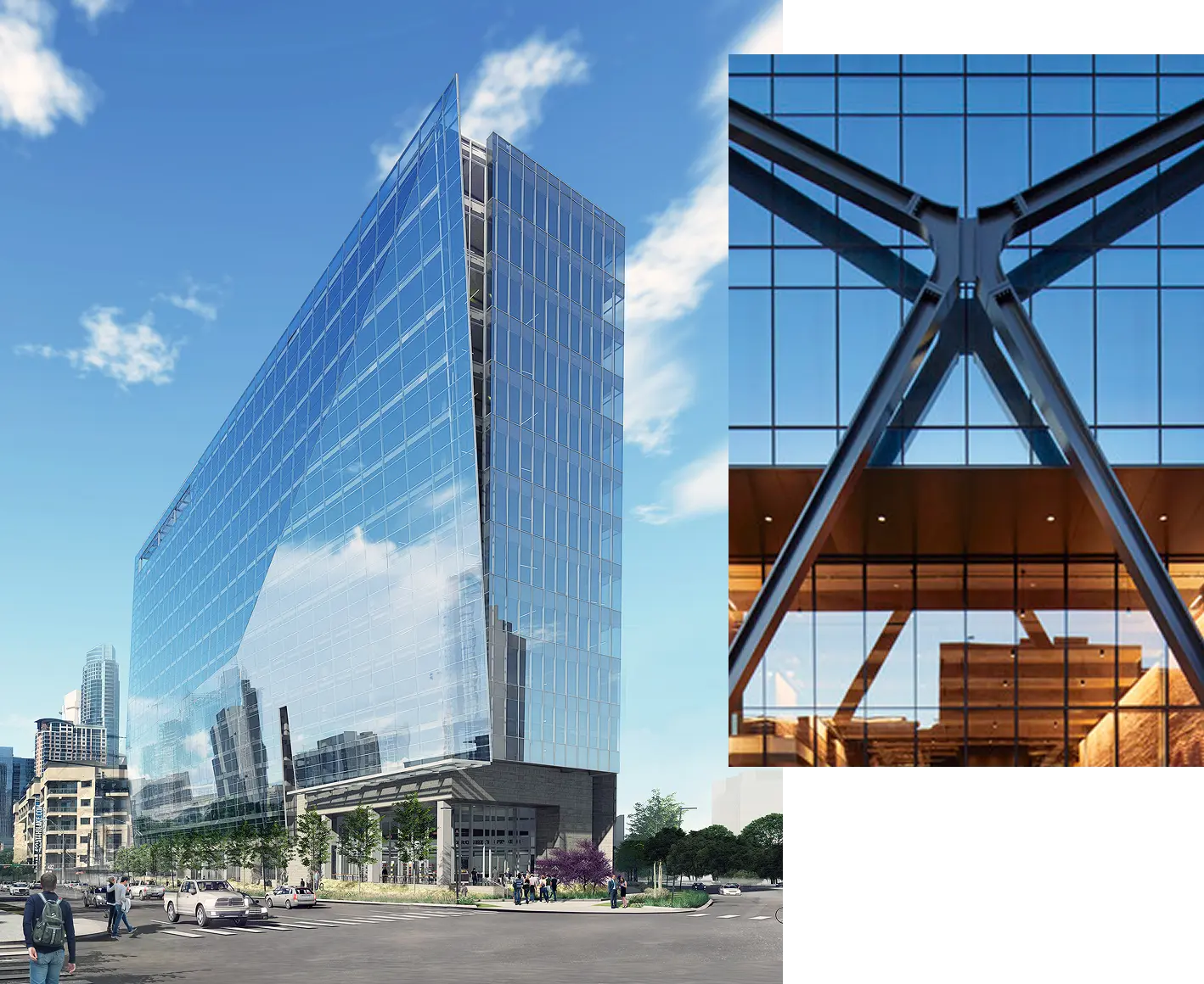 "1. An exterior of a sleek glass walled office buidling. 2. Large steel braces reflected by a glass wall. "