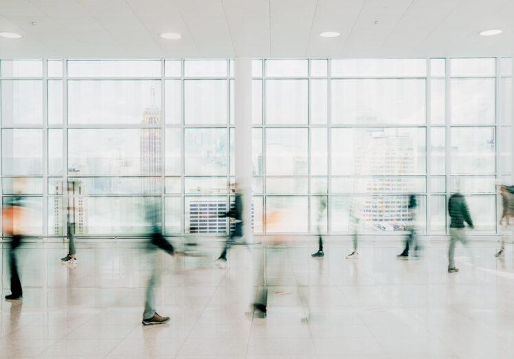 A motion image of people walking through a large, bright indoor space with tall windows. The atmosphere is airy and modern.