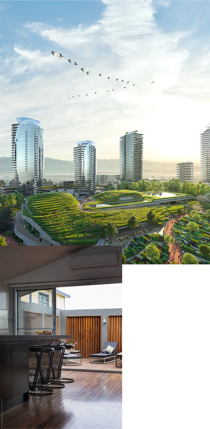 1. A scenic view of a modern urban area with tall glass buildings surrounded by green spaces and water features. Birds are flying across a partly cloudy sky. 2. A cozy indoor-outdoor space featuring a wooden floor, bar stools, and an outdoor seating area with lounge chairs. The area has a warm, inviting atmosphere.