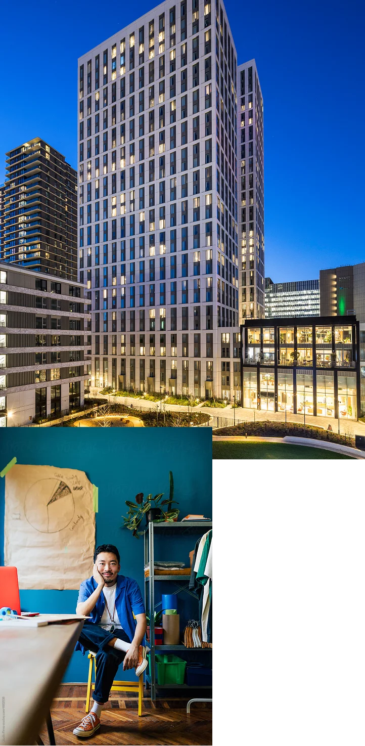 1. A view of modern glass tower viewed from a low angle in night. 2. A man seated looking at the camera in a colourful room with shelving behind him.