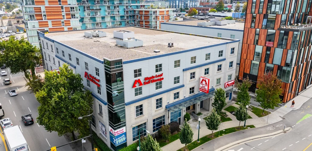 Exterior aerial view of a storage facility.