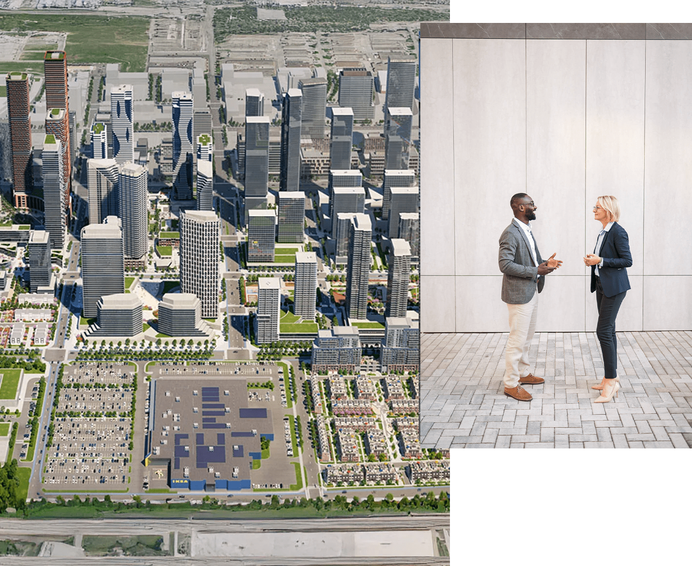 1. Vue aérienne d’un paysage urbain avec de nombreux gratte-ciel et des bâtiments modernes. Au premier plan, il y a une grande aire de stationnement et quelques structures de faible hauteur. La ville est entourée de verdure. 2. Deux personnes en tenue professionnelle discutent à l'extérieur sur un chemin pavé à côté d'un bâtiment.