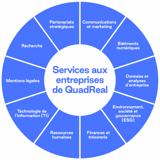 A circular diagram representing the QuadReal Resources Group with various sectors around it: Strategic Partnerships, Communications & Marketing, Digital Buildings, Enterprise Data & Analytics, Environmental, Social & Governance (ESG), Finance/Treasury, Human Resources, Information Technology (IT), Legal, and Research.