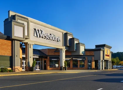 In the middle, an outdoor shopping area with a prominent store entrance under a bright blue sky.